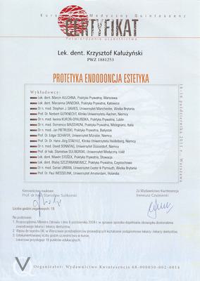 Certyfikat Krzysztofa Kałużyńskiego