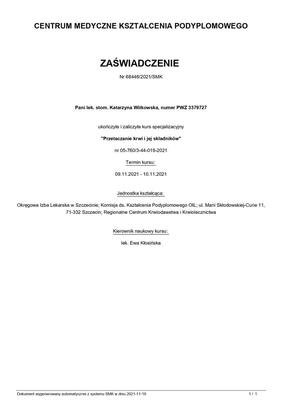 Certyfikat Katarzyna Witkowska