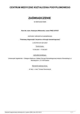 Certyfikat Katarzyna Witkowska