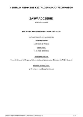 Certyfikat Katarzyna Witkowska