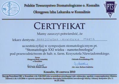 Certyfikat Marty Berezowskiej Kukiełka